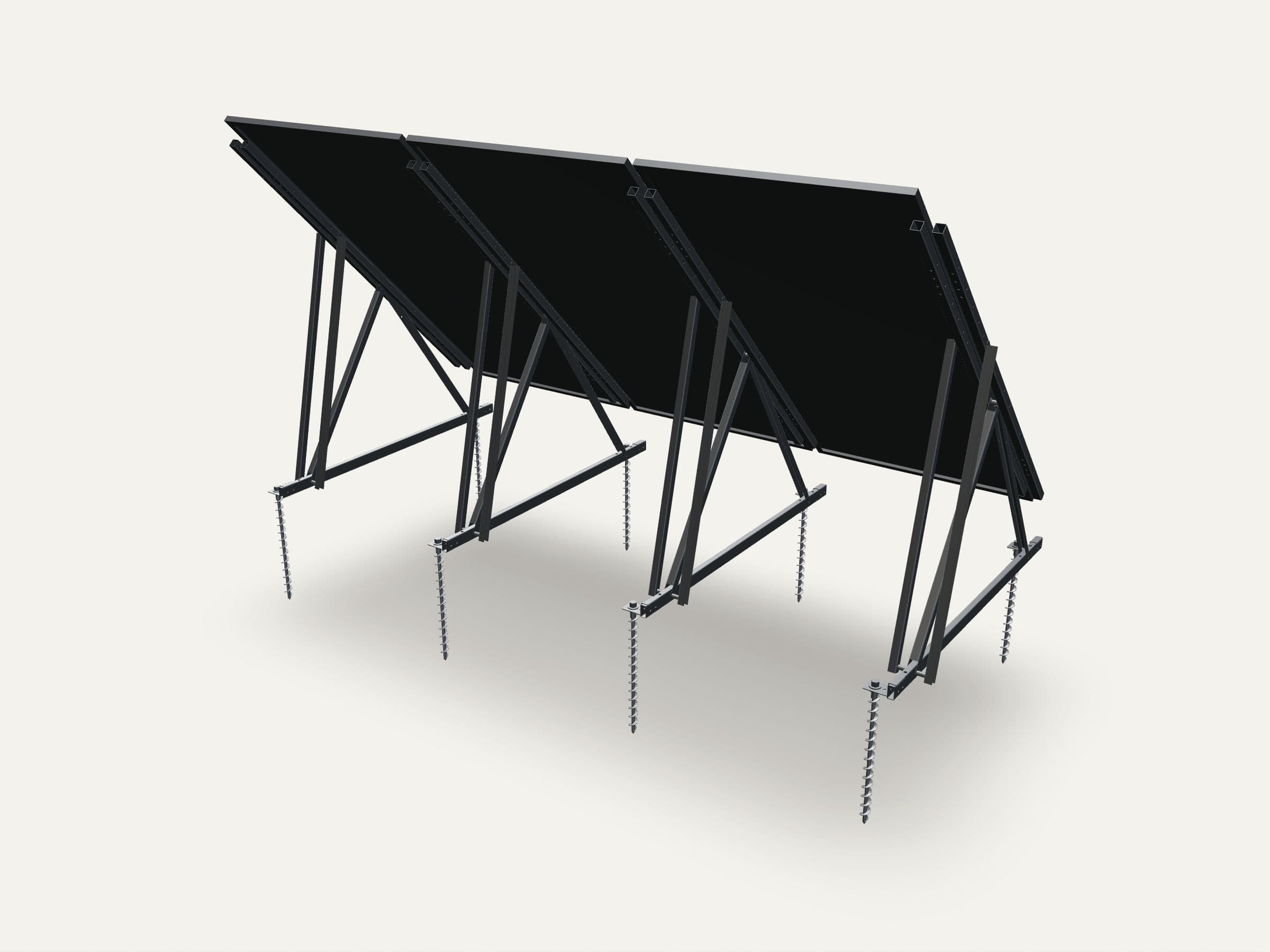 The Lawn Lizard ground mount holding four solar panels at tilt, its earth anchors below the frame.